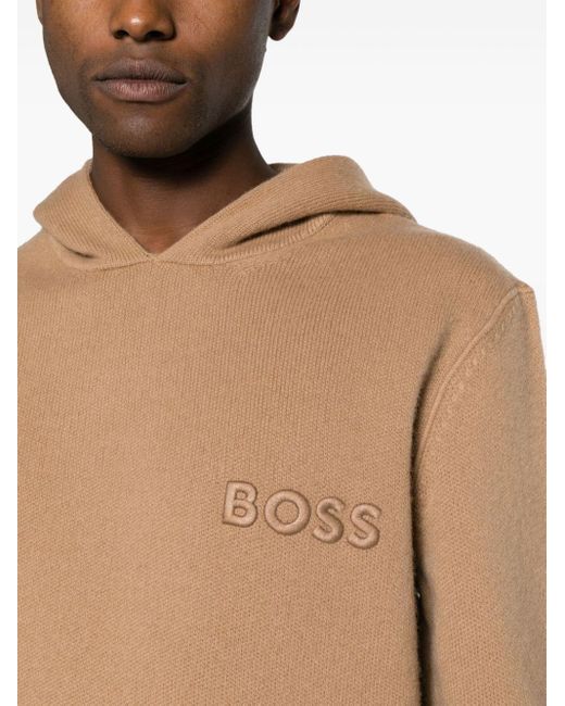 Boss Brown Logo-Embroidered Hooded Jumper for men