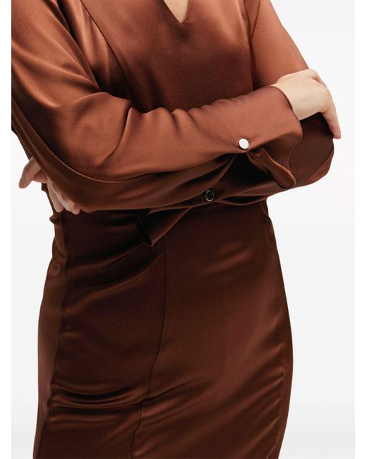 Boss Brown V-neck Satin Midi Dress