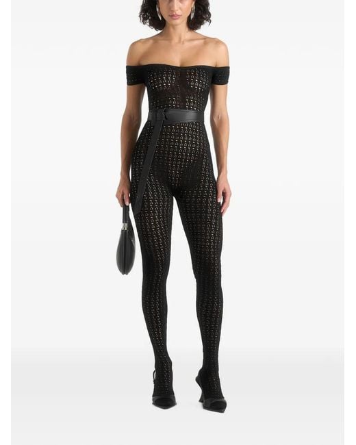 Manière De Voir Black Martine Pointelle-Knit Bardot-Neck Belted Jumpsuit