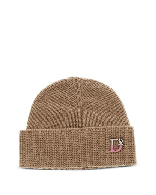 DSquared² Brown Logo-Plaque Ribbed-Knit Beanie Hat
