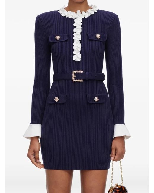 Self-Portrait Blue Flower Rib Knit Mini Dress
