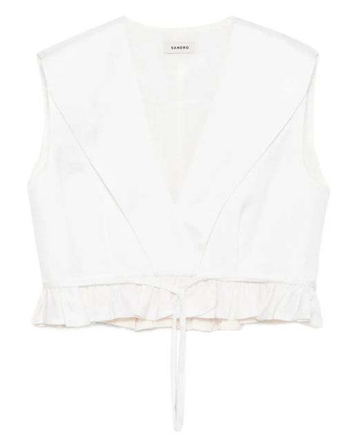 Sandro White Ruffled V-Neck Top