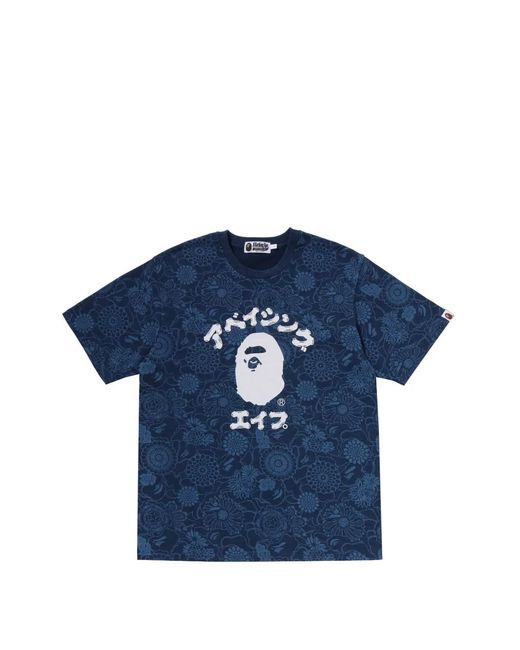 A Bathing Ape Blue Japanese Art Camo College Cotton T-Shirt for men