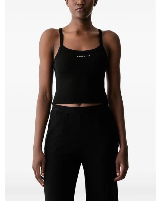 La Mania Black Ribbed-Knit Logo-Print Top