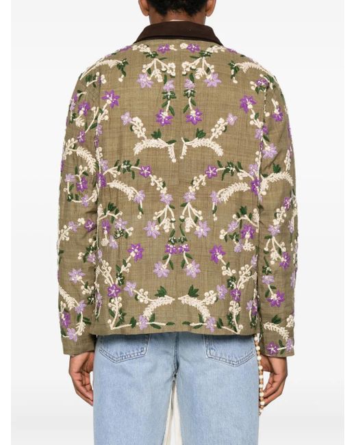 Kartik Research Green Floral-Embroidered Suede-Collar Jacket for men