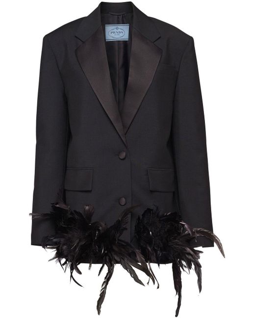 Prada Black Feather-trim Single-breasted Jacket