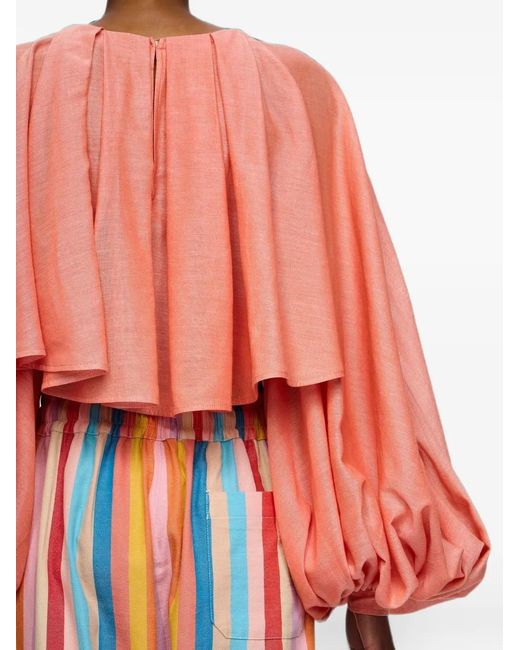 Marrakshi Life Red The Cropped Pleated-Detail Balloon-Sleeve Blouse