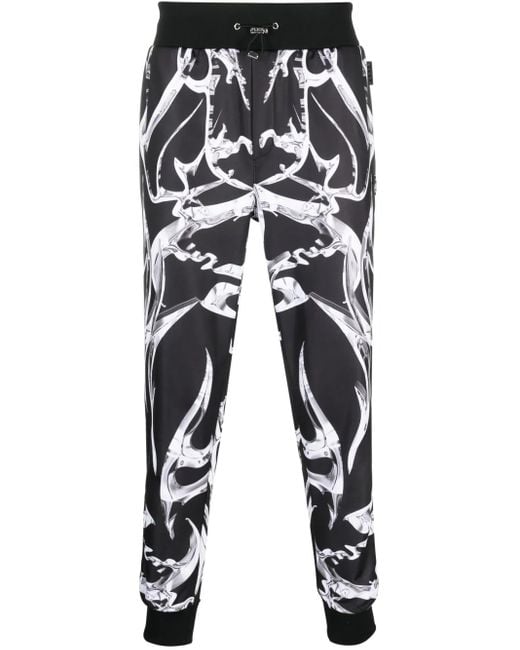 Philipp Plein Black Chrome Abstract-Pattern Track Pants for men