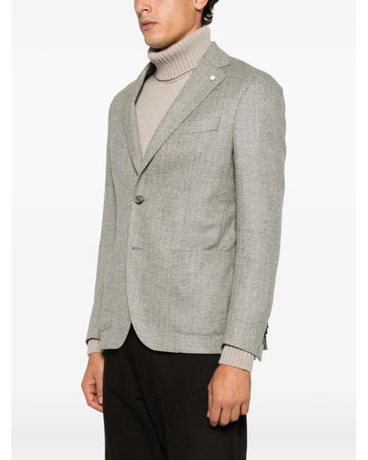 Luigi Bianchi Gray Herringbone-Pattern Single-Breasted Blazer for men