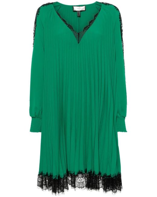Nissa Green Lace-trim Pleated Dress