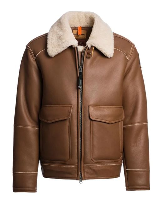 Parajumpers Brown Shearling-Collar Leather Jacket for men