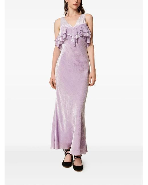 Twinset Purple Ruffled Velvet Maxi Dress