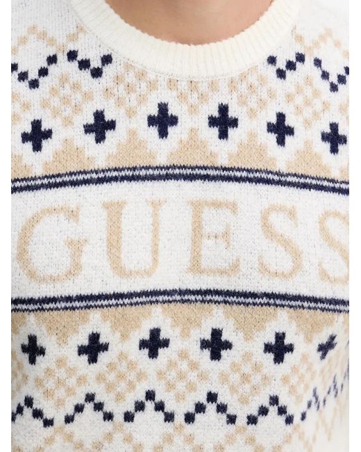 Guess White Patterned Crew-Neck Sweater for men