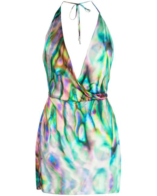 David Koma Blue Abstract-Print Halterneck Silk Minidress