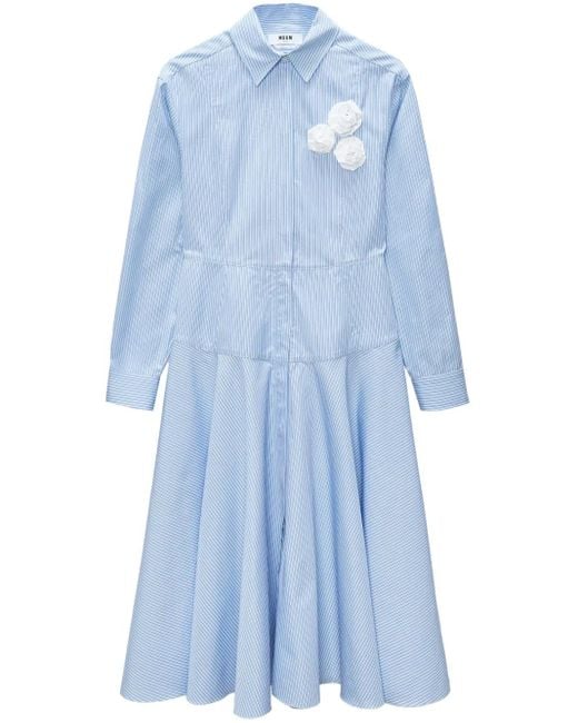 MSGM Blue Striped Floral-Appliqué Midi Dress