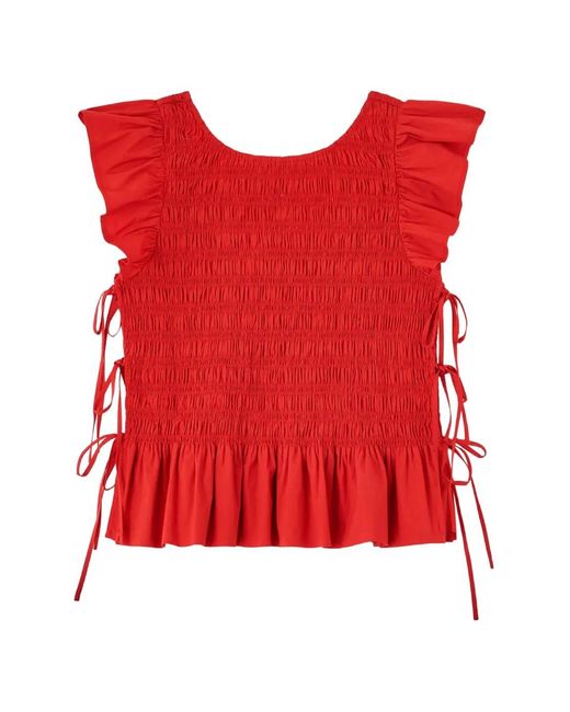 Ganni Red Smocked Ruffled Top