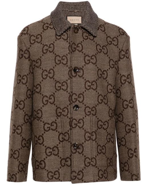 Gucci Brown Monogram-pattern Wide-collar Wool Jacket for men