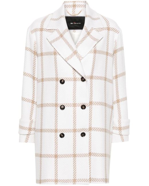 Kiton White Check-pattern Cashmere Double-breasted Coat