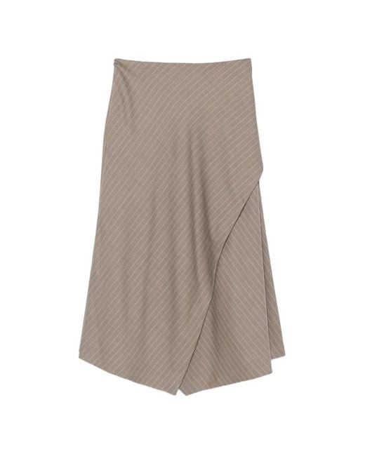 Rochas Gray Pinstripe-Pattern Asymmetric Midi Skirt