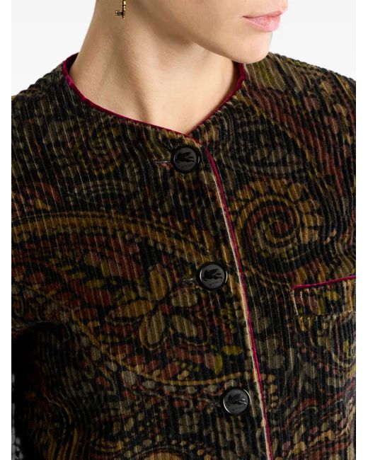 Etro Black Cotton Corduroy Jacket With Floral Paisley Overprint