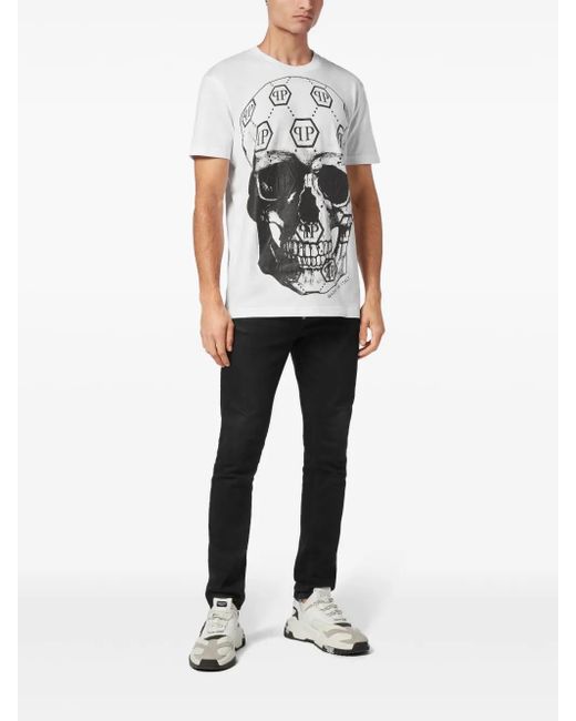 Philipp Plein White Skull-Print Round-Neck T-Shirt for men
