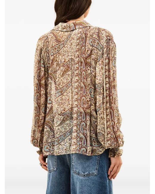 Ba&sh Natural Paisley-Print Smocked-Cuff Shirt