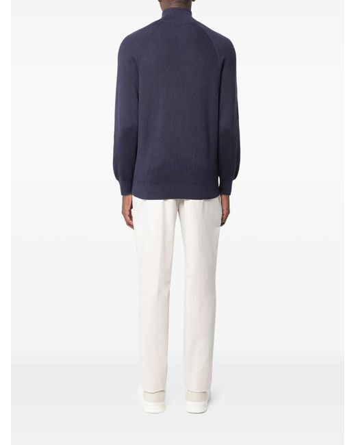 Brunello Cucinelli Blue Cotton English Rib Sweater With Half Zip And Raglan Sleeves for men