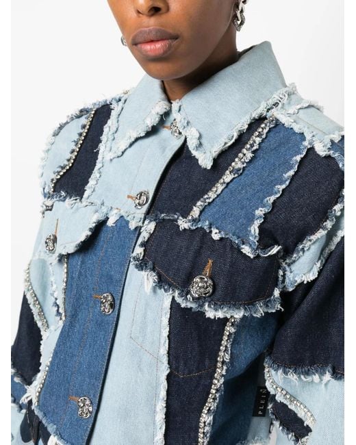 Philipp Plein Blue Denim-Patchwork Cropped Jacket