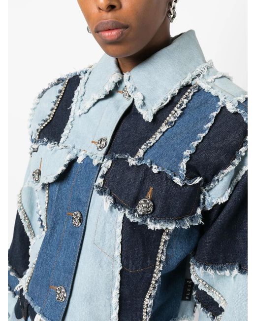 Philipp Plein Blue Denim-Patchwork Cropped Jacket
