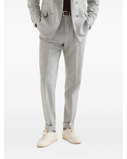 Brunello Cucinelli Gray Virgin Wool And Cashmere Chalk Stripe Flannel Trousers With Pleat for men