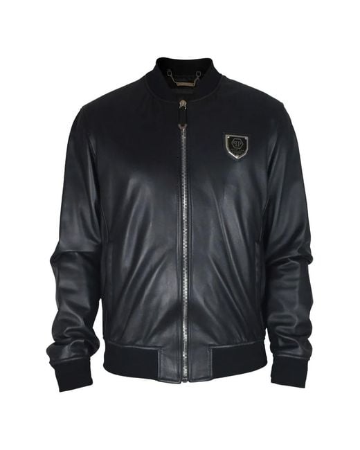 Philipp Plein Black Logo-Plaque Leather Bomber Jacket for men