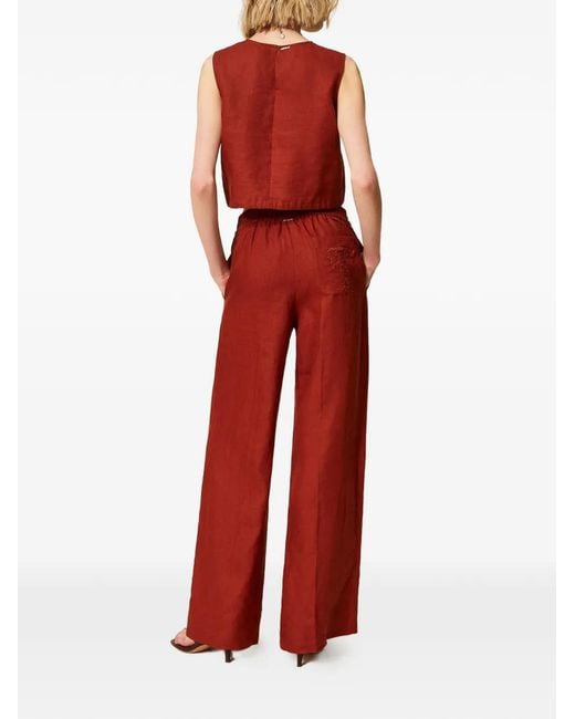 Twinset Linen Trousers With Embroidered Logo
