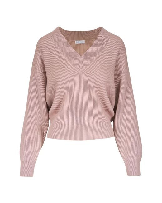 Brunello Cucinelli Pink V-Neck Ribbed Sweater