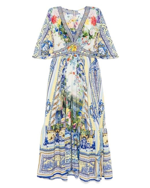 Camilla Blue Fitted-Waist Silk Maxi Dress