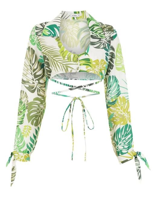 Amir Slama Green Palm Leaf Print Cropped Shirt