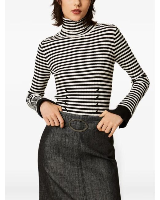 Twinset White Striped Turtleneck Jumper