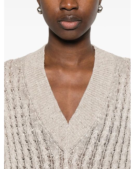 Brunello Cucinelli White Sequin-Embellishment V-Neck Sweater