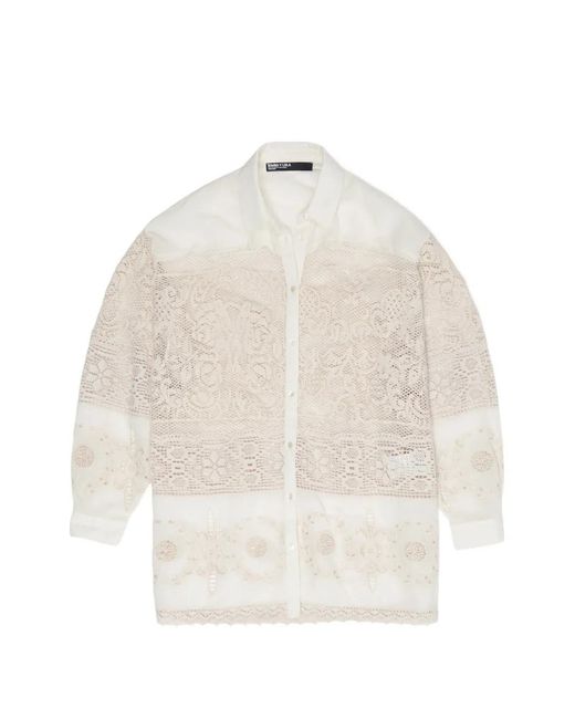 Bimba Y Lola White Lace-Panelled Broderie-Anglaise Shirt