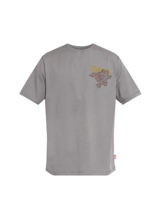 DIESEL Gray Regular T-Shirt With Embroidered Patch for men