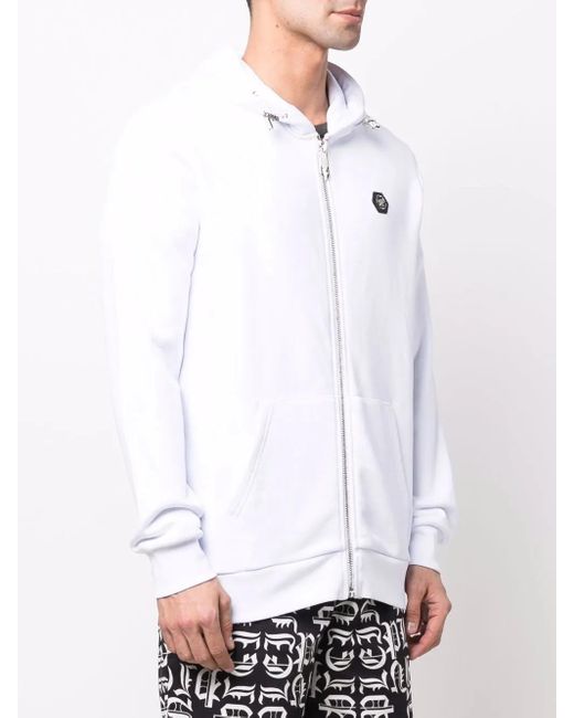 Philipp Plein Blue Embellished Skull Logo-Print Zip Hoodie for men
