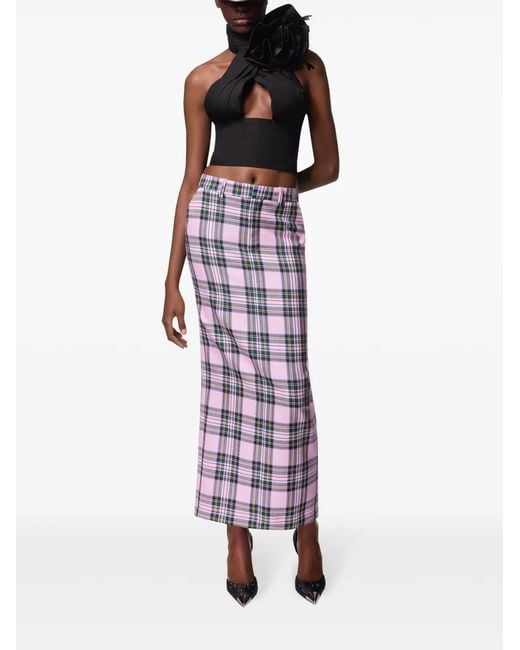 Area Pink Checked Wool Midi Skirt