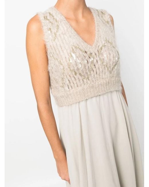 Brunello Cucinelli White Sequin-Embellished Sleeveless Gown