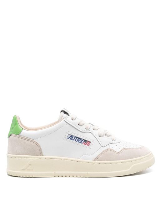 Autry Medalist Low Sneakers In White And Green Suede And Leather