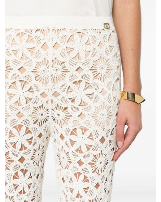 Twinset White Floral-Crochet Flared Trousers
