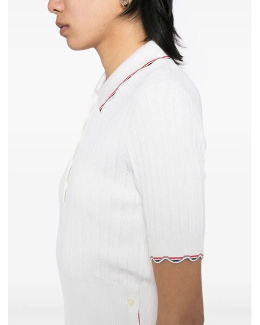 Thom Browne White Polo En Maille Nervurée À Bandes Tricolores