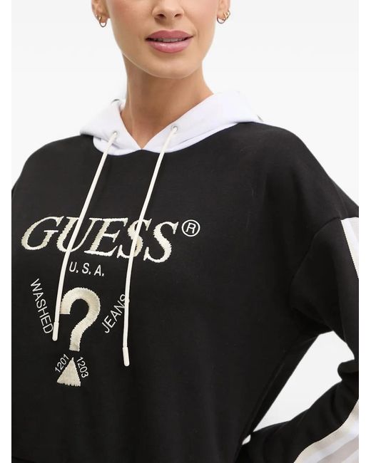 Guess Black Logo-Embroidered Striped-Sleeve Hoodie