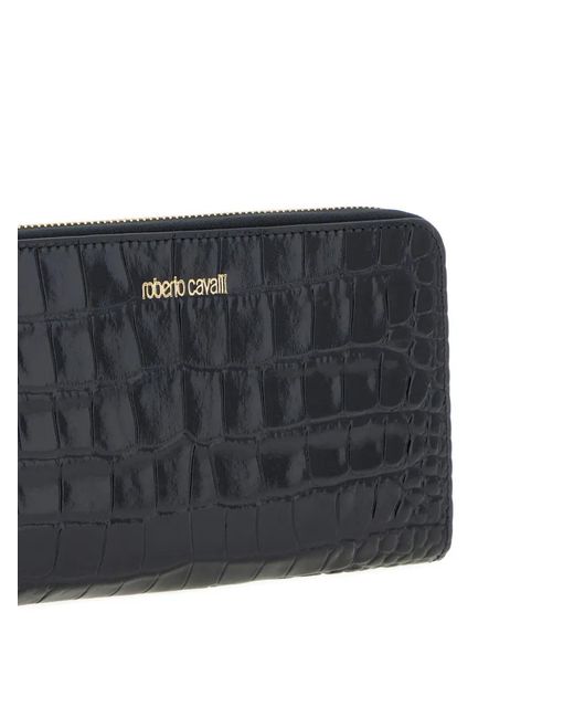 Roberto Cavalli Black Croc-Effect Zip-Around Wallet