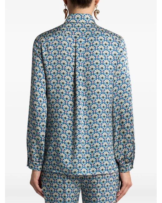 Etro Blue Twill Shirt With Micro Palm Motif