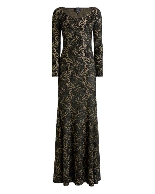 Etro Black Long Chenille Jacquard Dress With Lurex And Paisley Motif