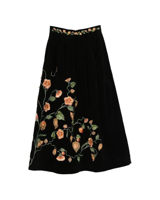Agua Bendita Black Tangelo Uchuva Floral Embroidered Skirt